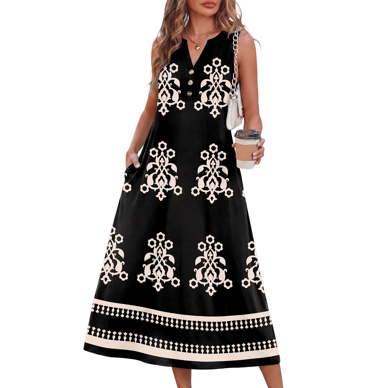 Sleeveless Button Front Midi Dress With Pockets