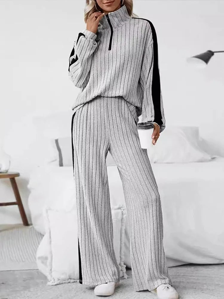 Knitted  Loose Fit Striped Patterned Tops And Pants Set-My Comfy Blouse