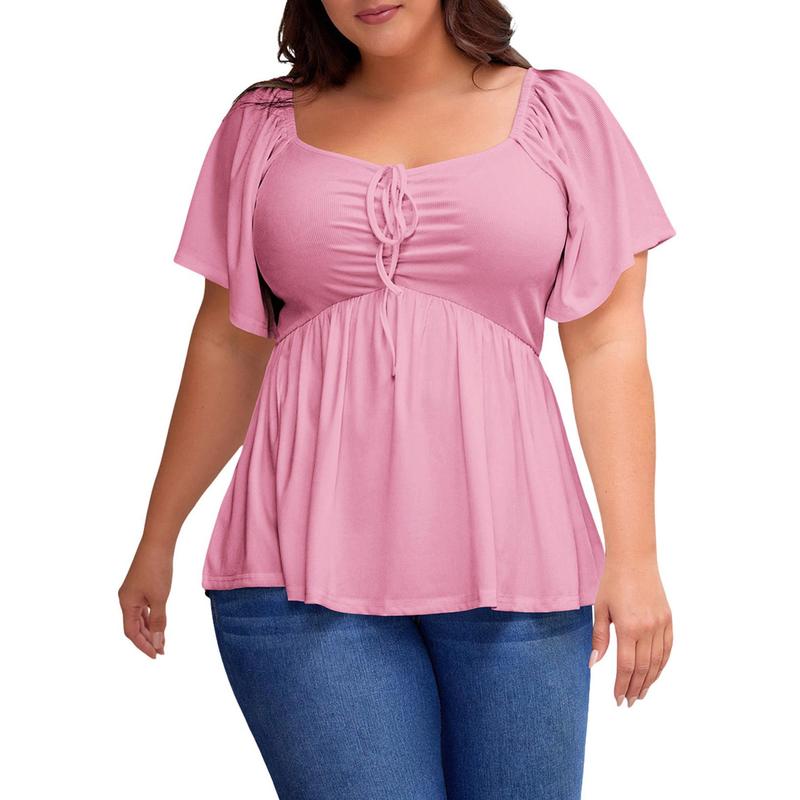 Plus Size Short Sleeves Shirred Peplum Blouse Top For Women