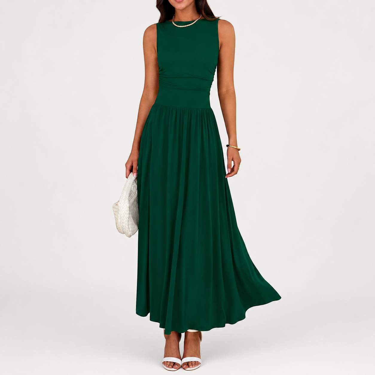 Flowy Sleeveless Maxi Sundress With Ruched Detail For Women