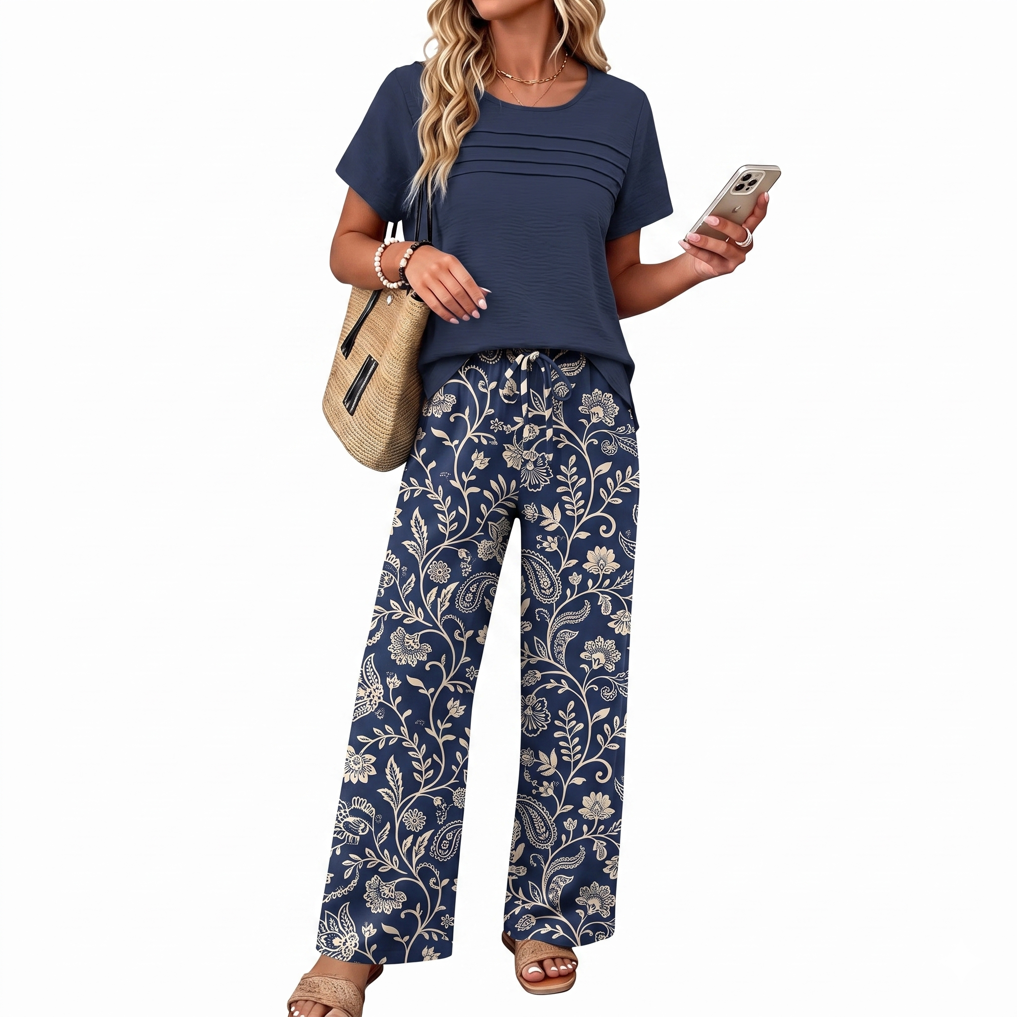 Pleated Front Top Wide Pants Lounge Set