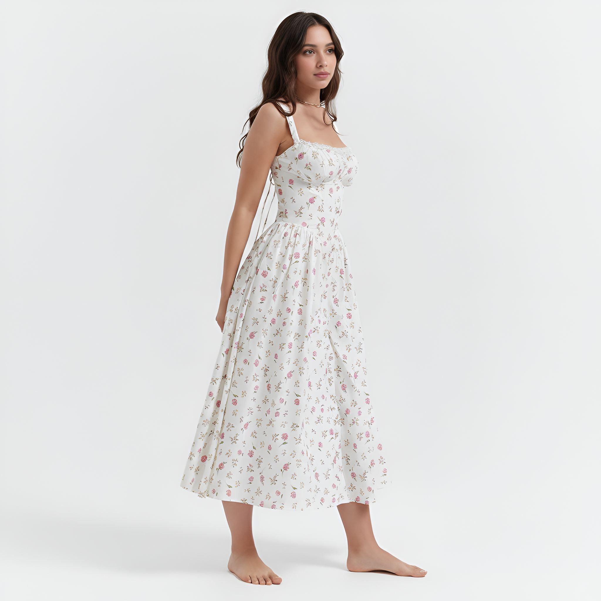 Vintage Floral A Line Corset Midi Dress Summer Sundress