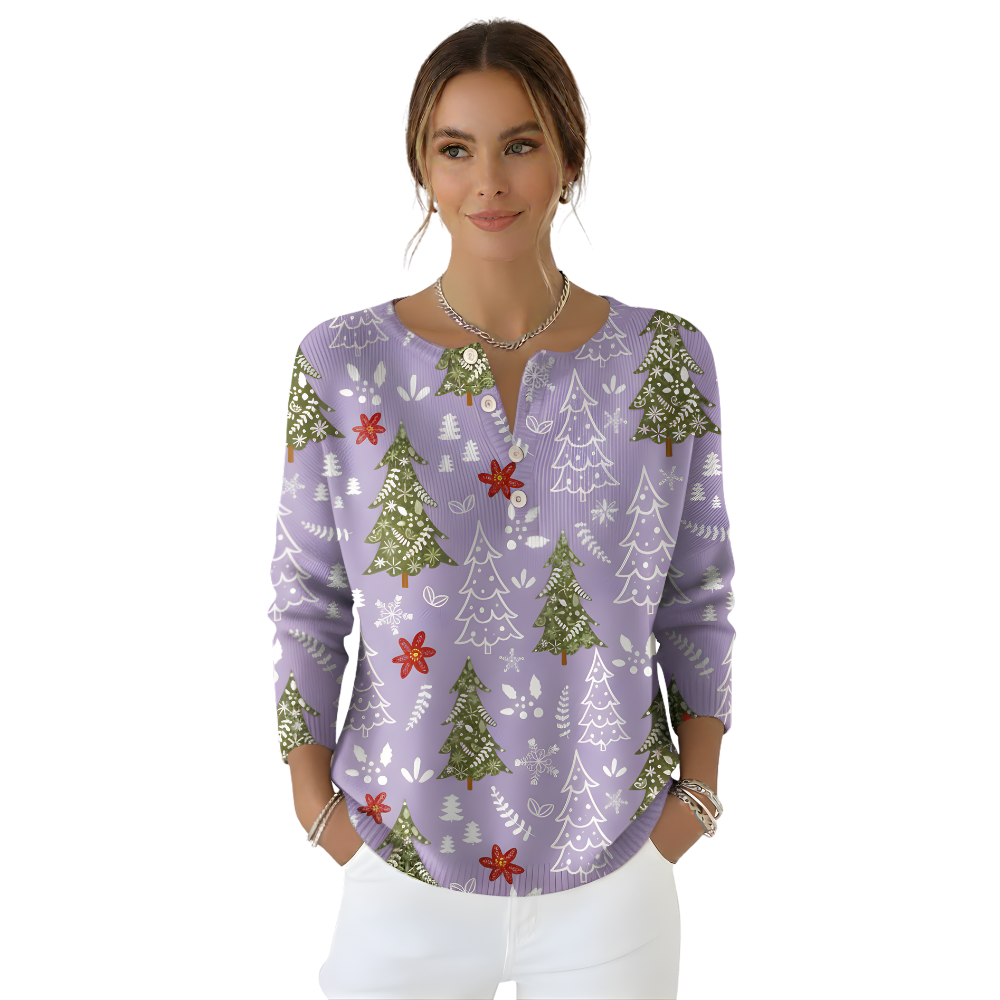 Christmas Tree Print Blouse For Women With Buttons And Floral Accents-My Comfy Blouse
