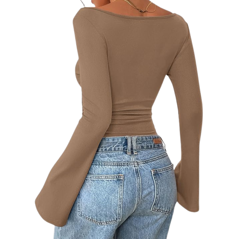 Womens Long Sleeve Shirts Tops Casual Boat Neck Bell Sleeve