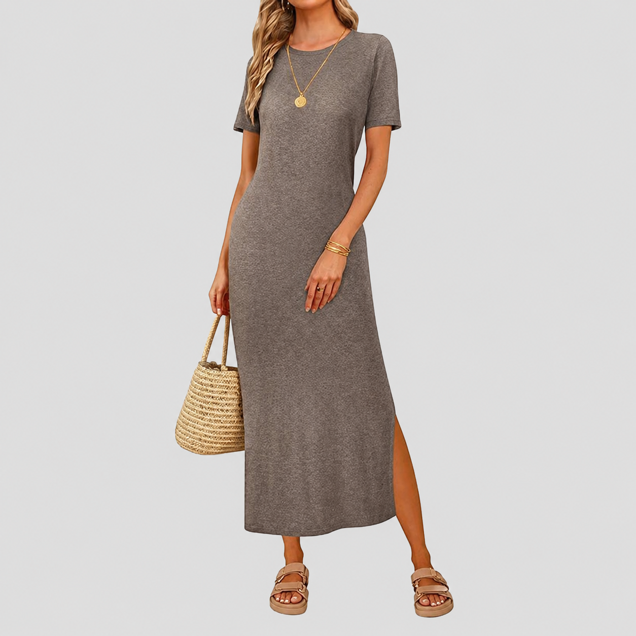 Soft Knit Lightweight Short Sleeve Casual Maxi Dress For Women 