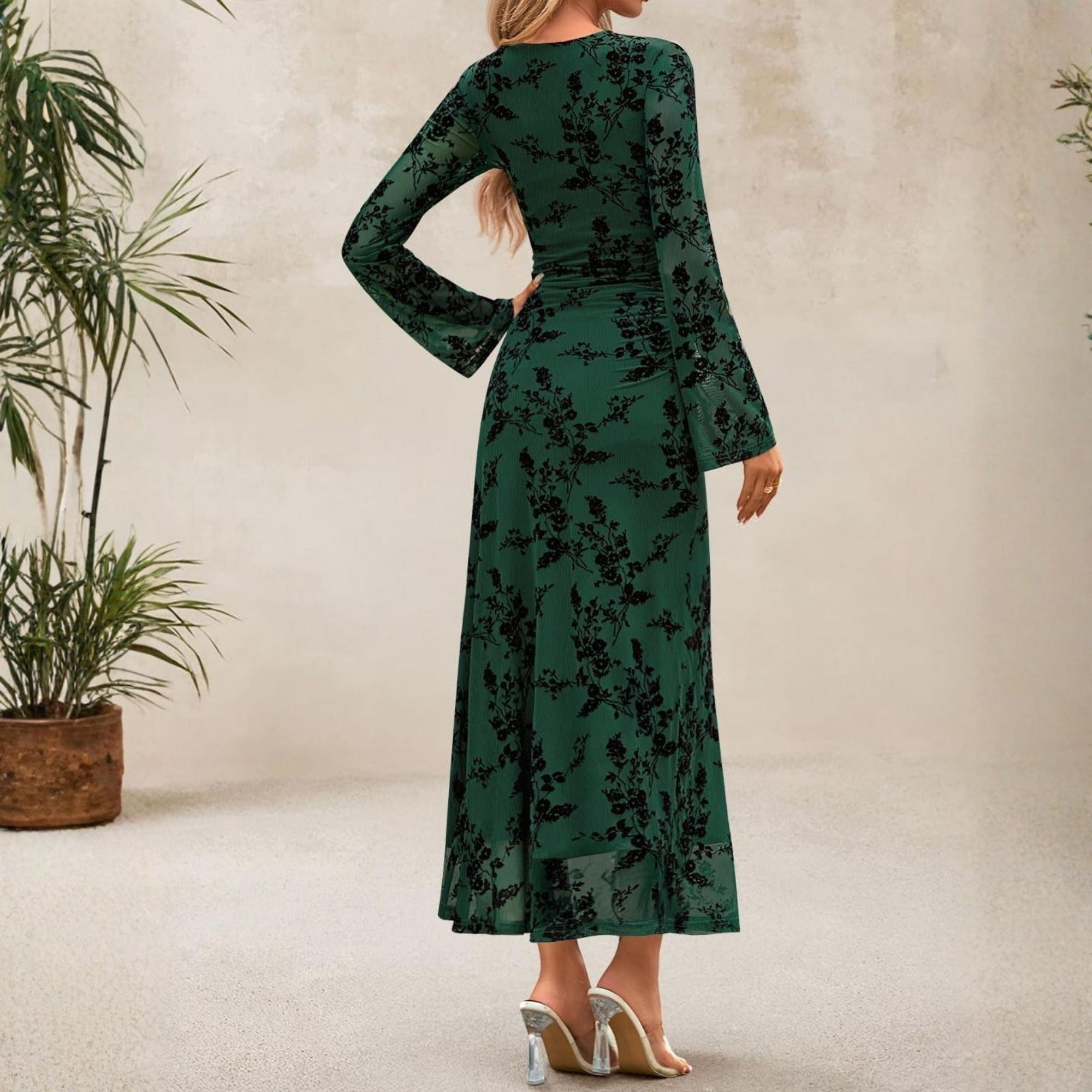 Spring Fall Floral Ruched Mesh Maxi Dress