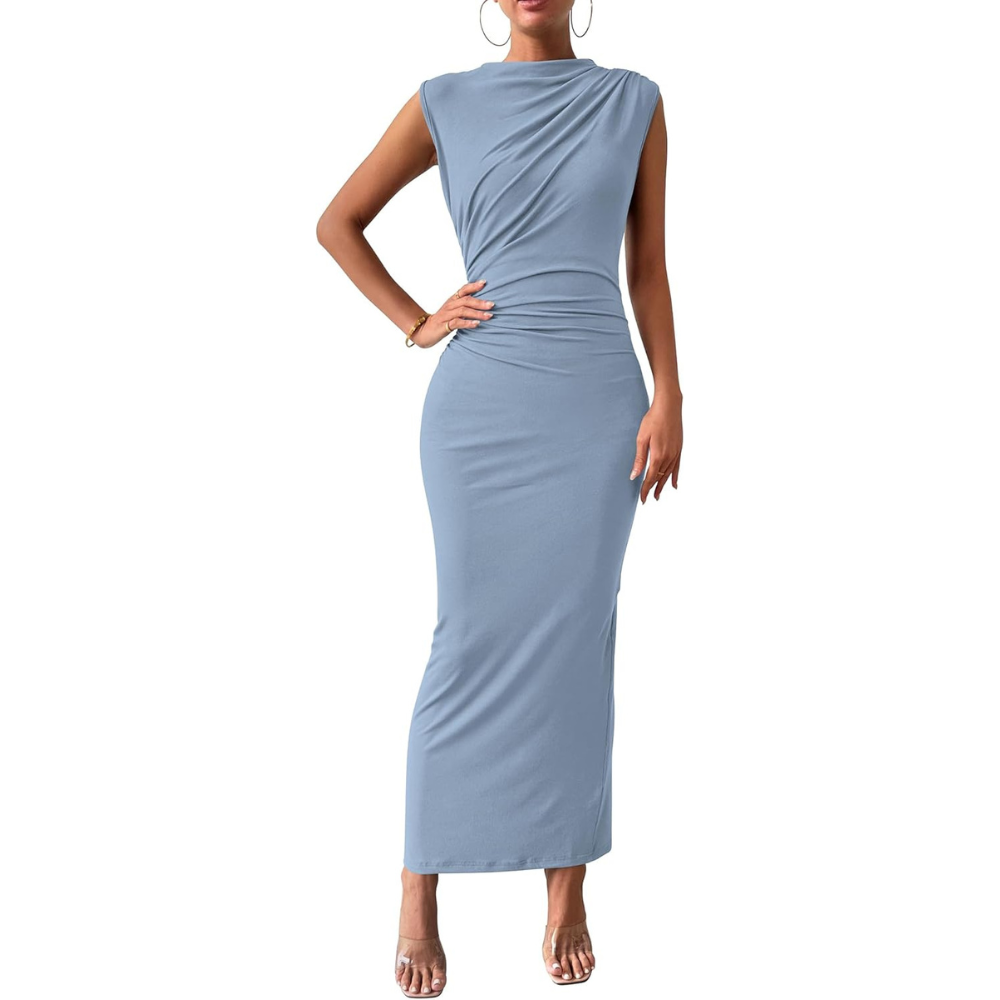 Ruched Sleeveless Bodycon Maxi Dress for Wedding Guests