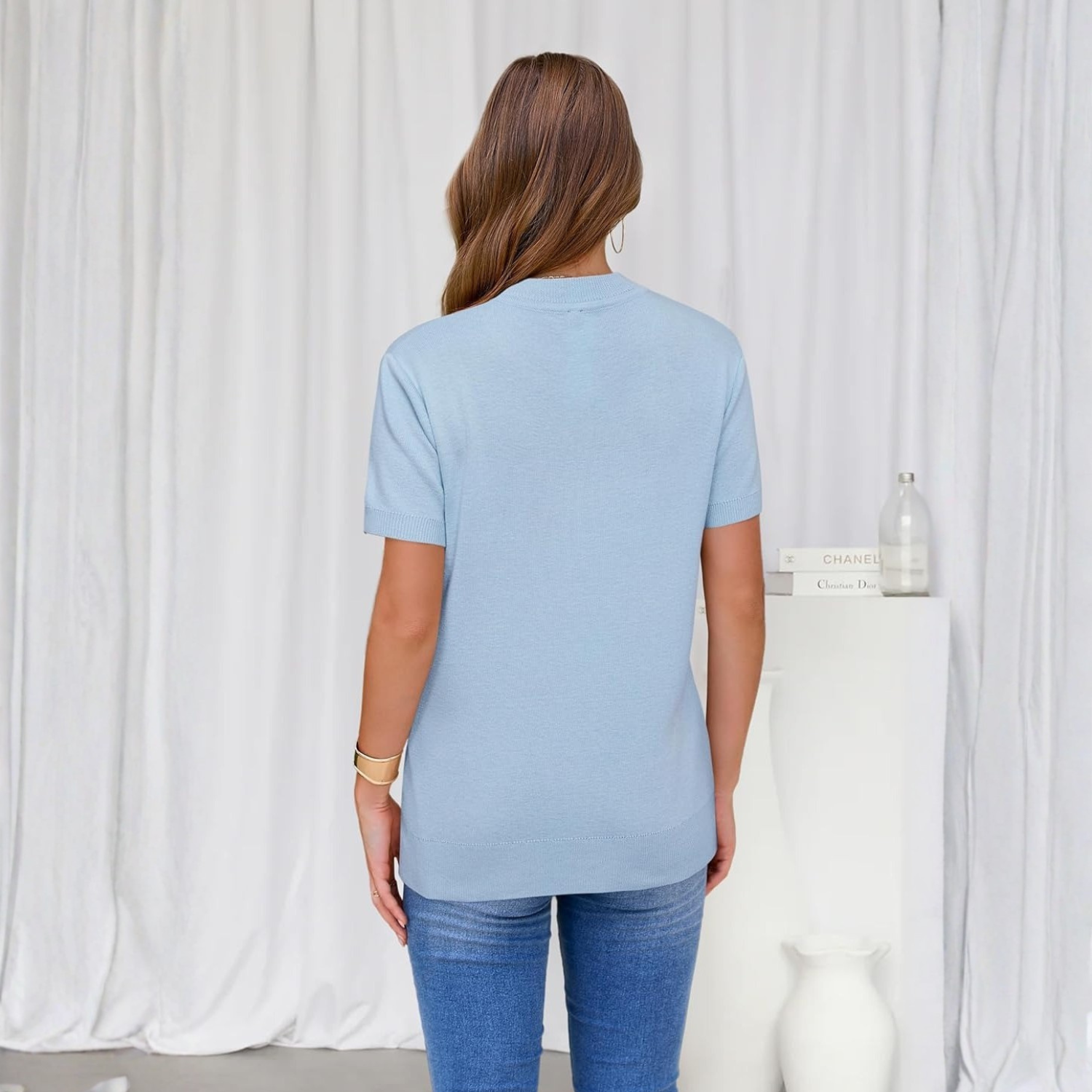 Women Lightweight Wool Blend Short Sleeve Sweater Top Business Casual