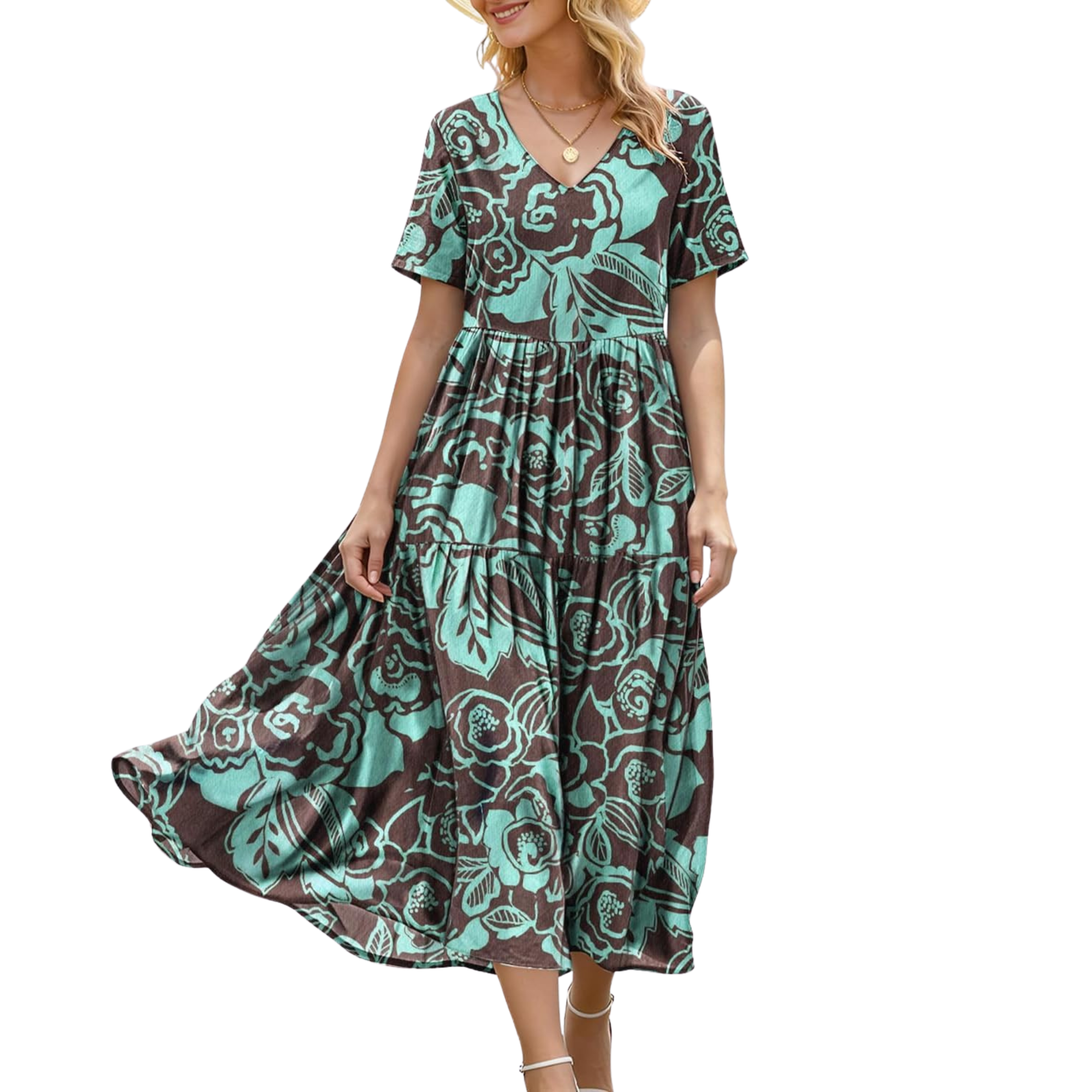 Floral V Neck Boho Maxi Swing Dress with Pockets