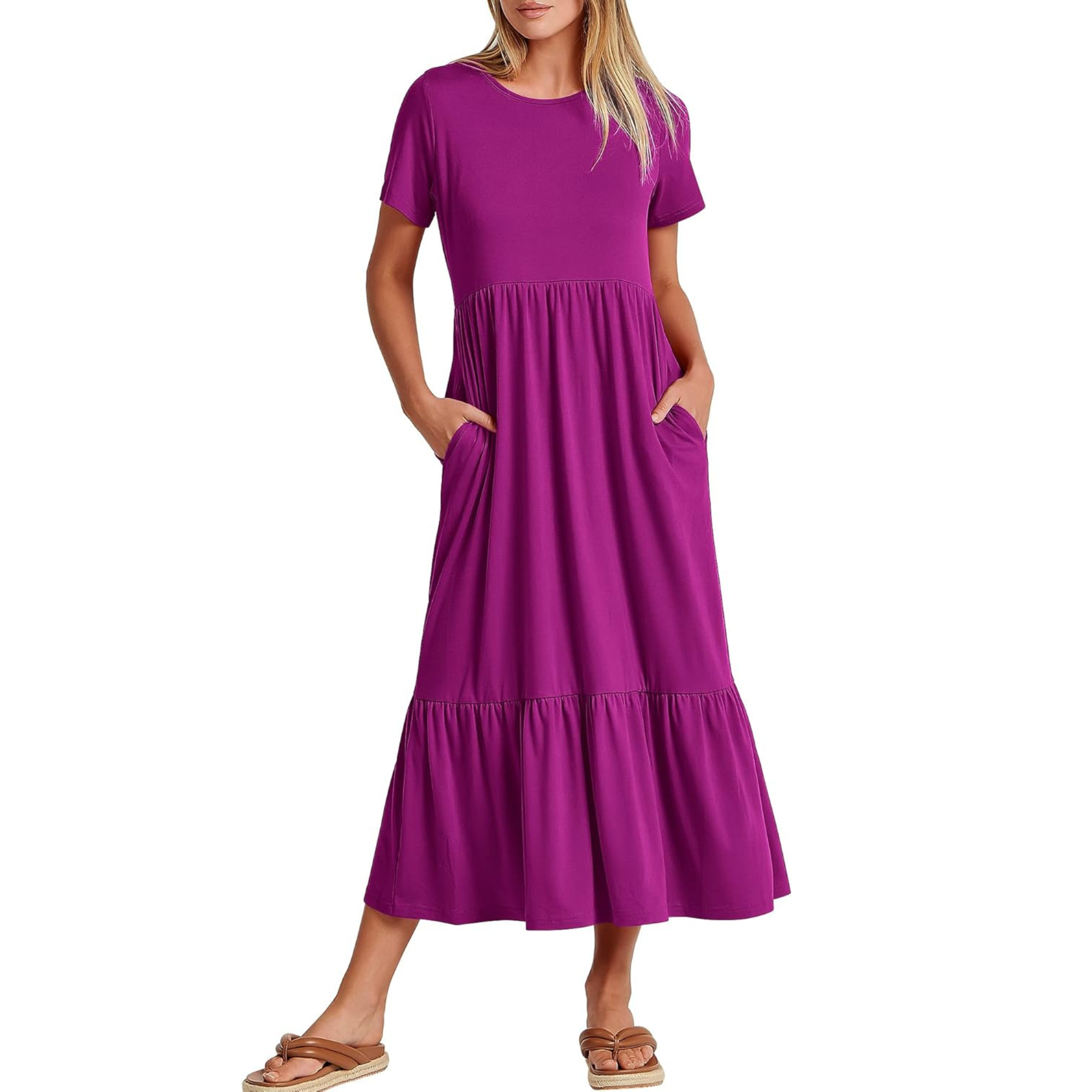 Casual Tiered Maxi T Shirt Dress with Pockets