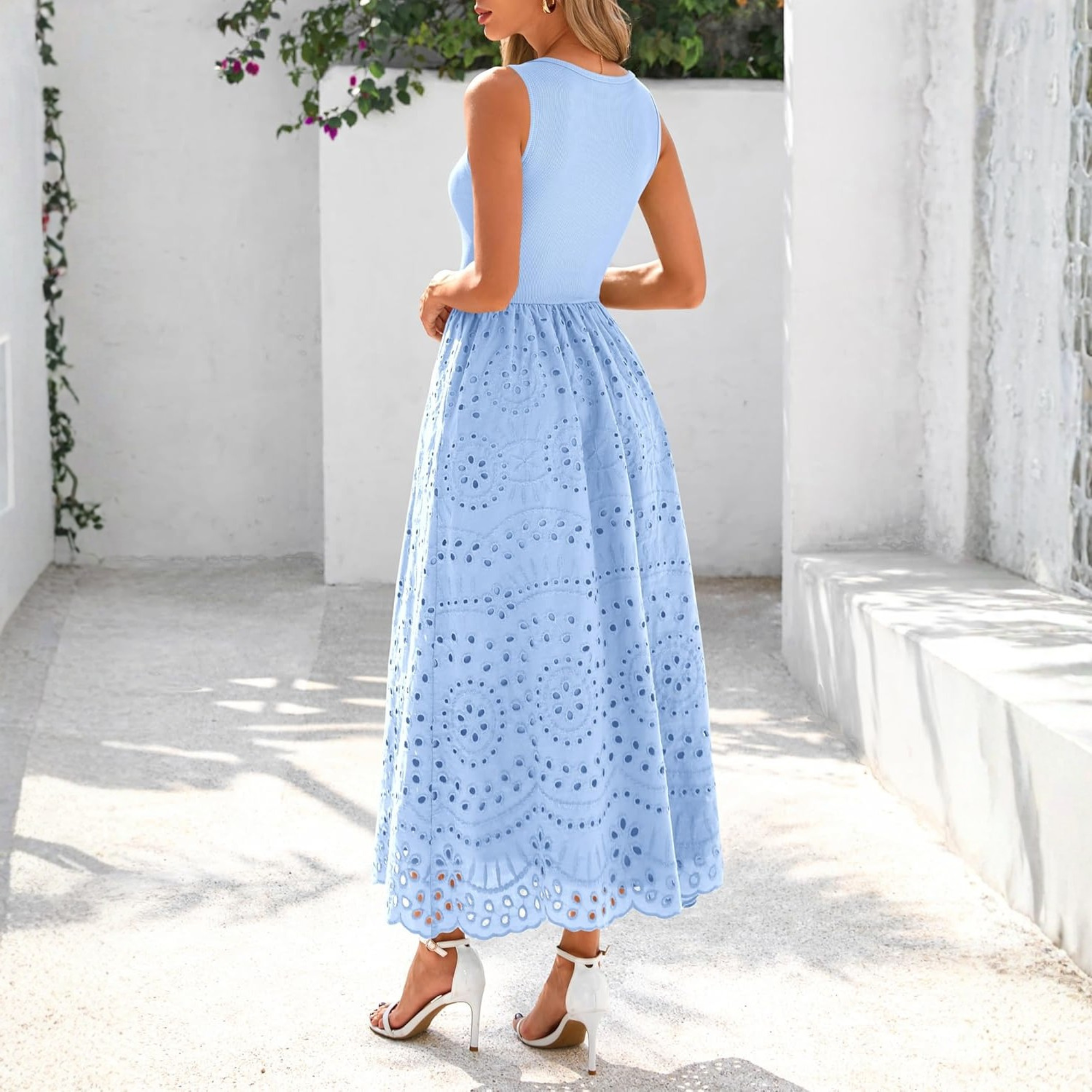 Sleeveless Eyelet Cotton Tank Maxi Dress with Pockets
