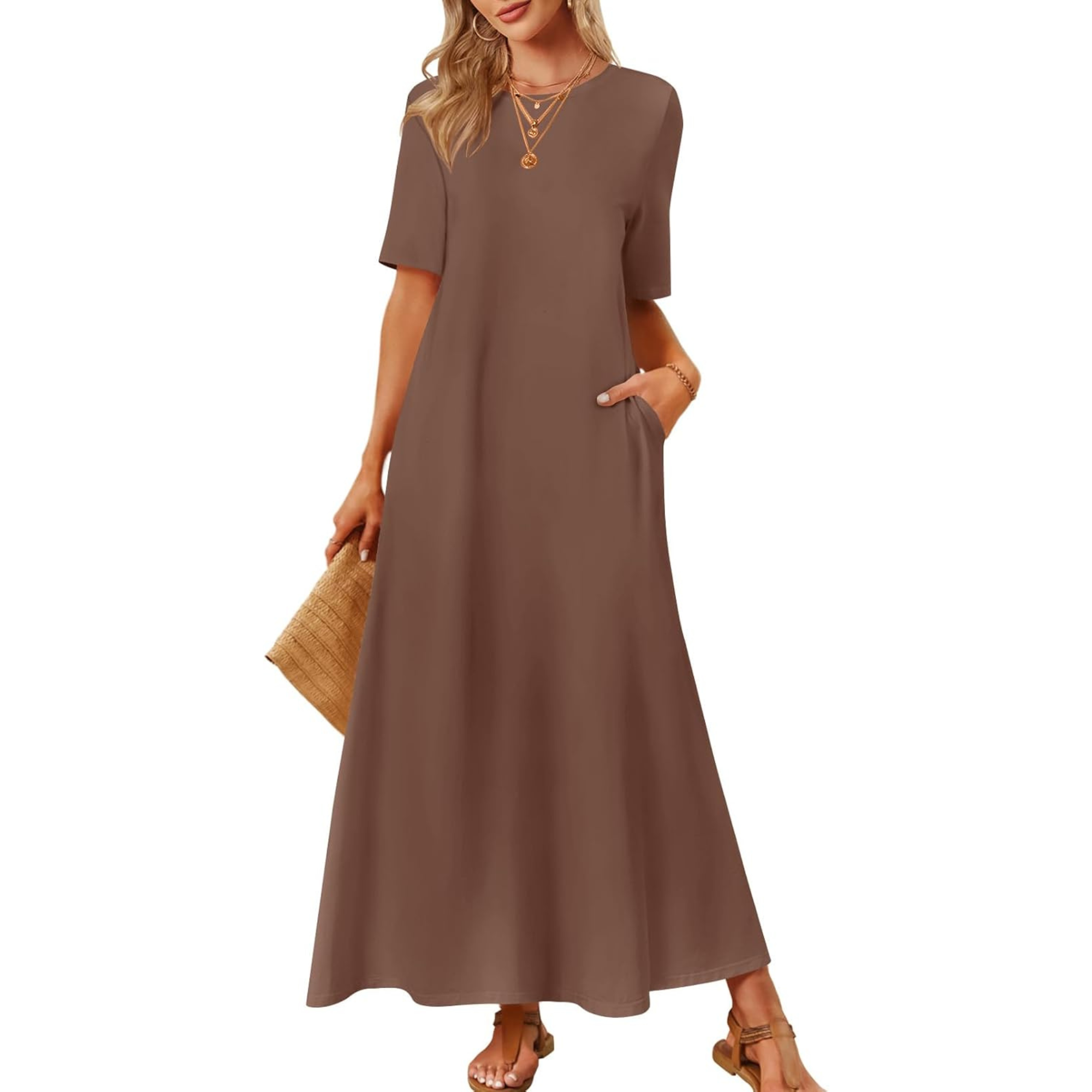 Women Summer Vacation Maxi T Shirt Dress With Pockets