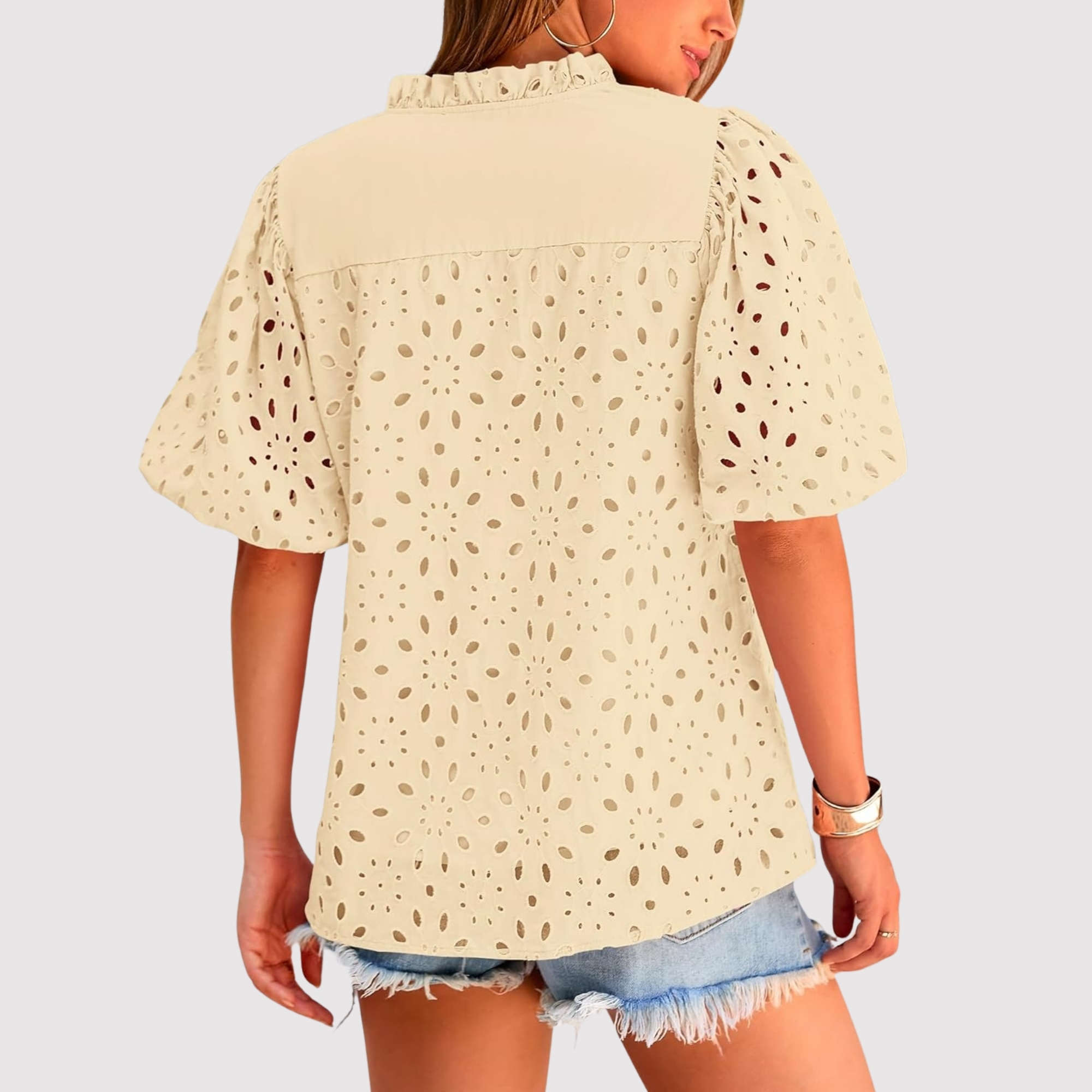Eyelet Embroidery Sleeve Button Front Style Puff Top 