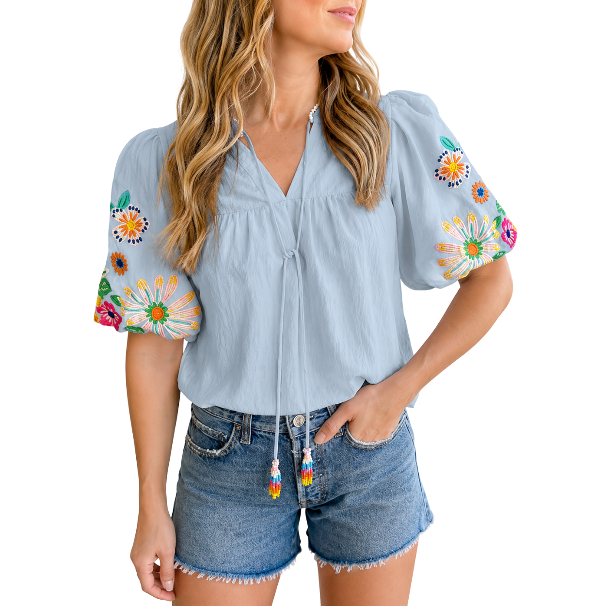 Casual Embroidered Tops V Floral Short Puff Sleeve 