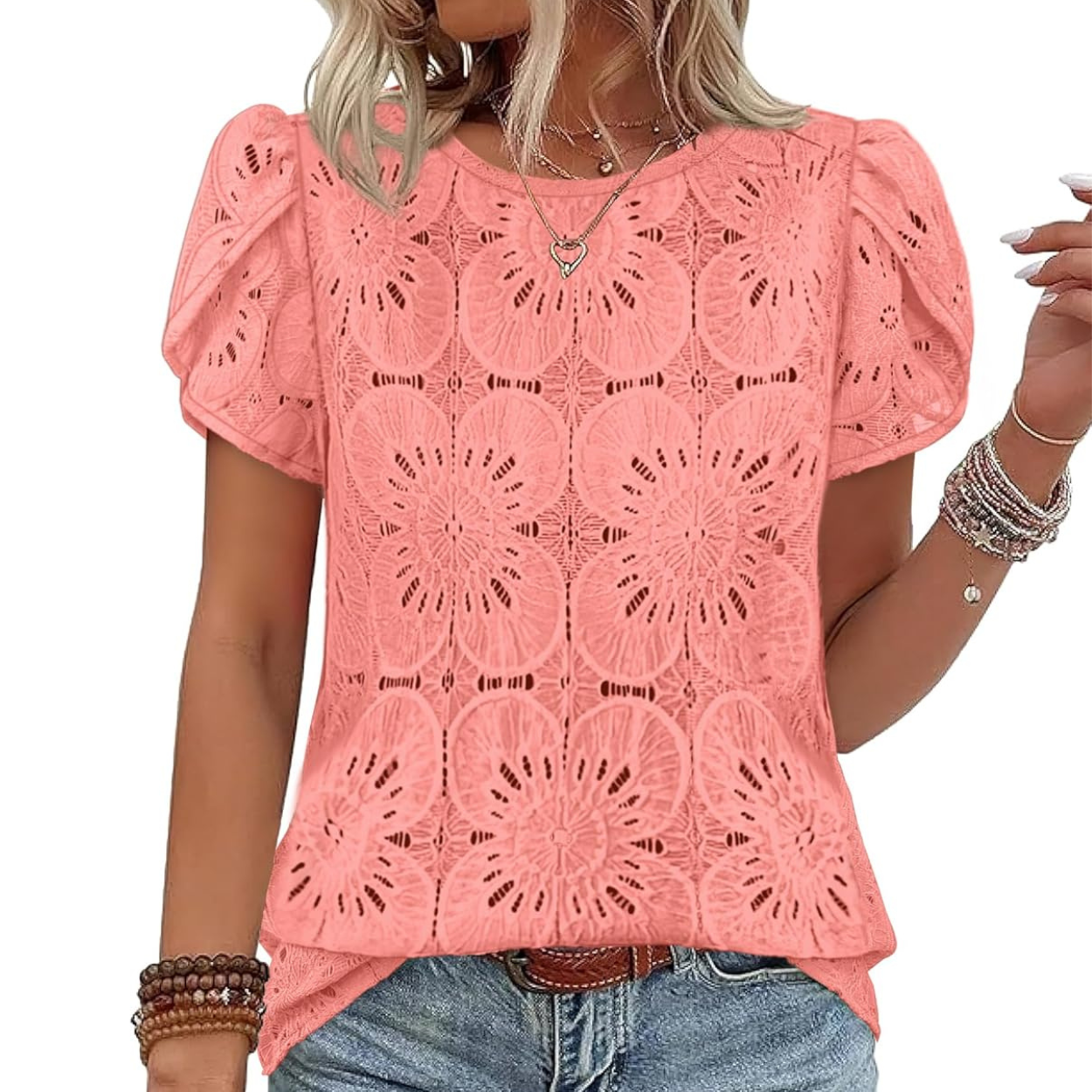 Casual Crochet Petal Short Sleeve Shirt Blouse For Women