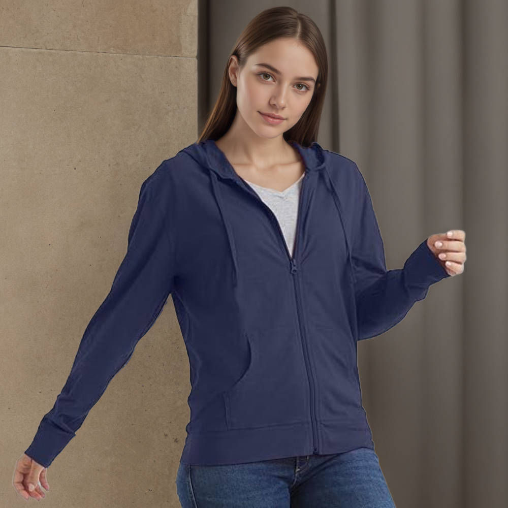 Women Slub Hoodie Textured Cotton Zip Up T-Shirt