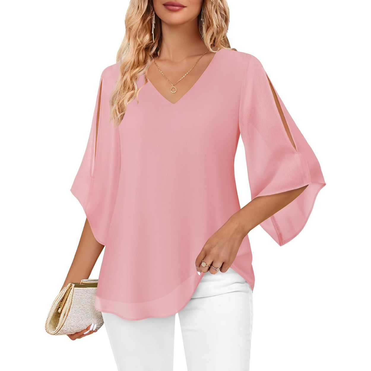 Ruffle Chiffon Sleeve Double Layers Tunic Tops