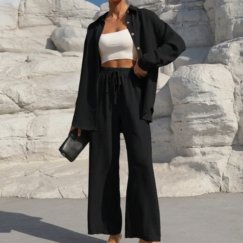 Casual 2 Piece Long Sleeve Shirt And Wide Fit Trouser Set For Women