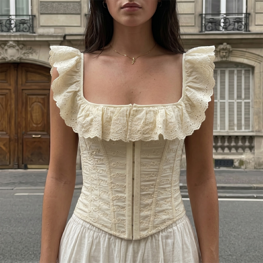 Adjustable Corset Blouse With Embroidery Lace Details For Women