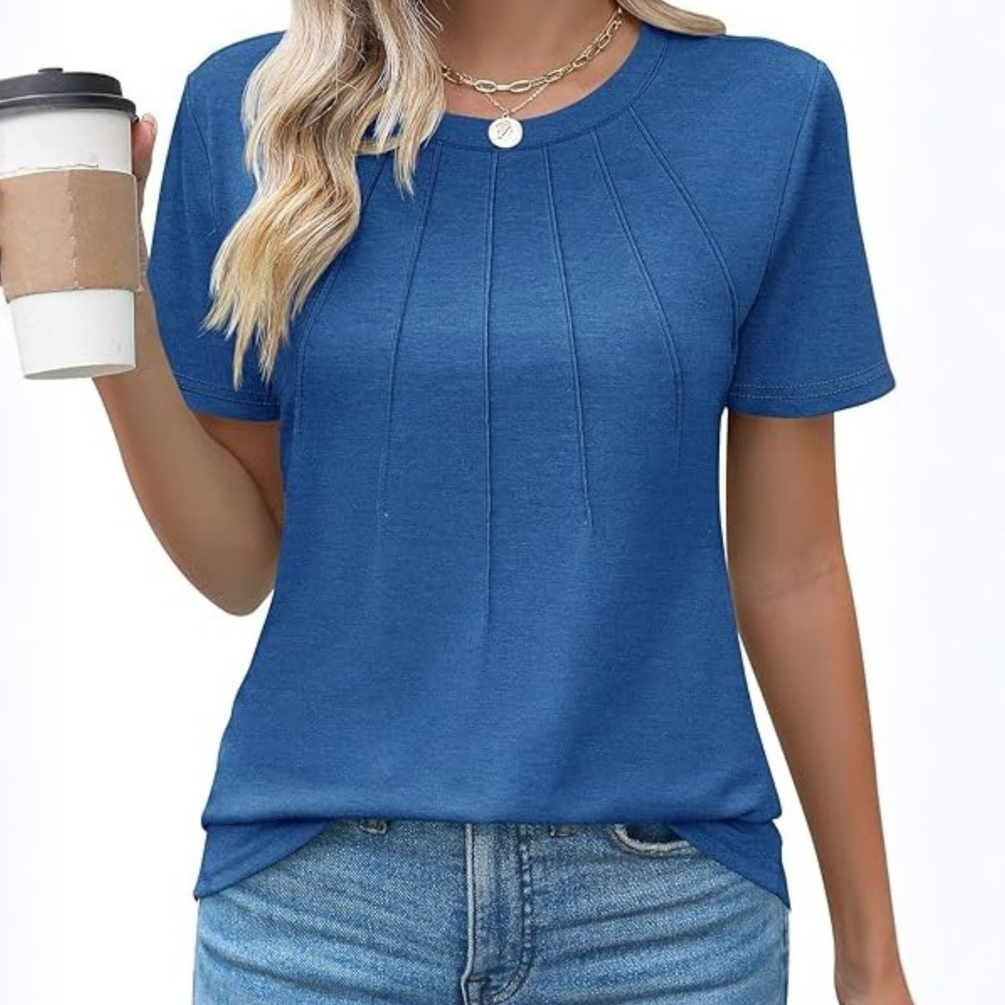  Womens Fashion Casual Crew Short Sleeve Pleated Tops Blouses 