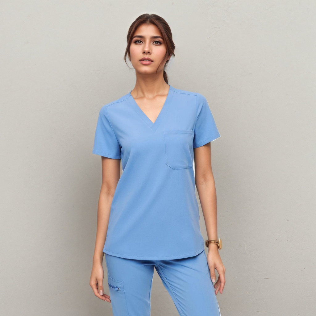 Classic Women Scrub Top With Short Sleeves And Single Chest Pocket