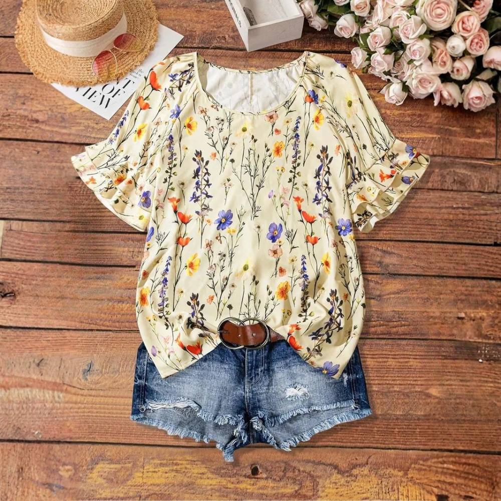 All Over Print Ruffle Layered Short Sleeve Woven Blouse Top For Women