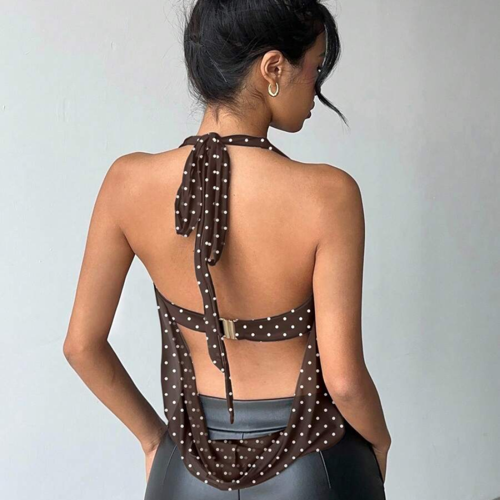 Tank Top Polka Dot Print Draped Neck Tie For Women