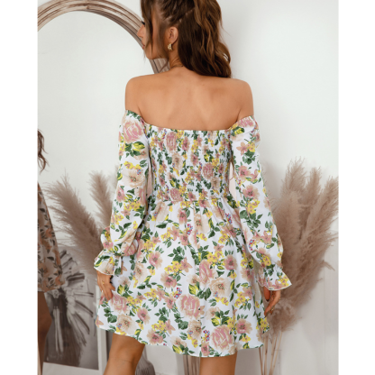 Floral Print Shirred Flounce Sleeve Dress-My Comfy Blouse
