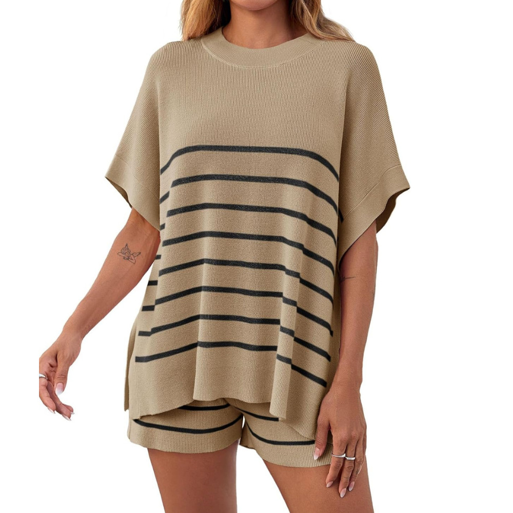 Striped Knit Top And Shorts Set For Women