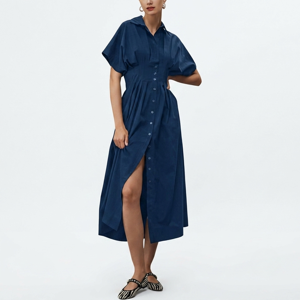 Casual Short Sleeve Button Down Loose Fit Pleated Maxi Sundress With Pockets For Women