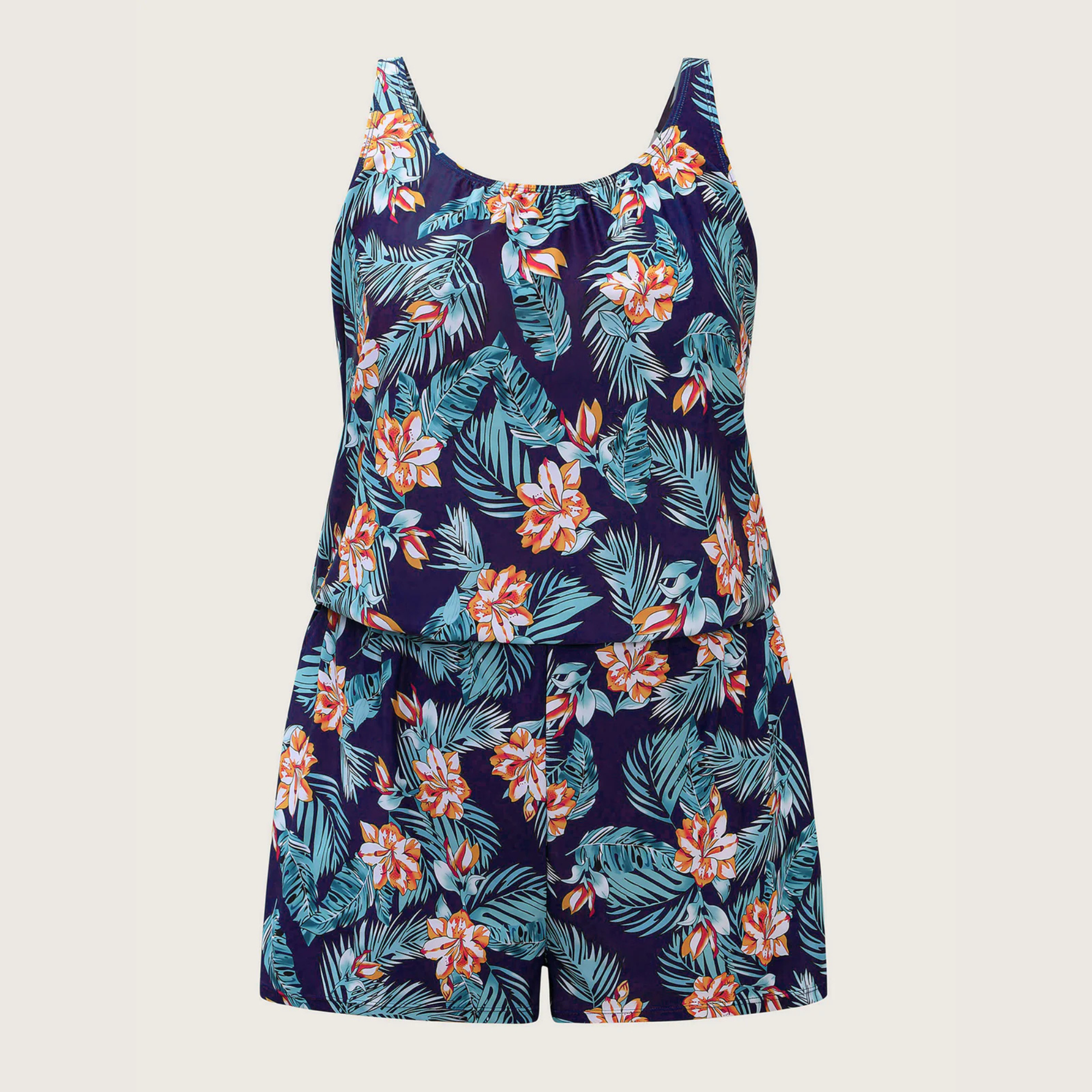 Tropical Flower Print Pockets One-Piece Swimsuit