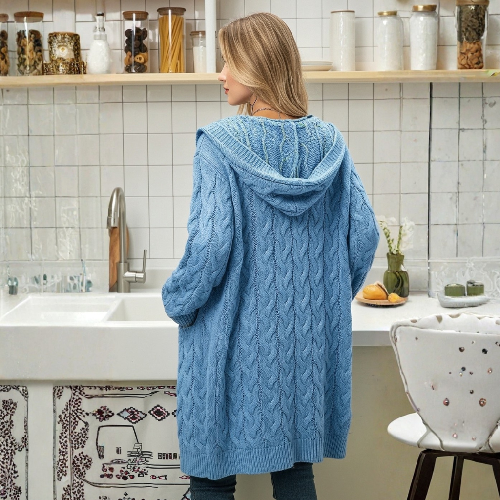 Long Knit Cardigan With Open Front And Pocket Design For Women