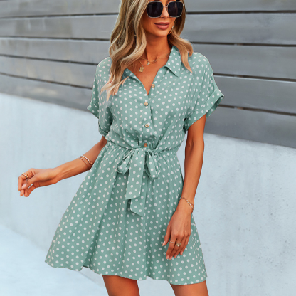 Polka Dots Knee Length Waist Belt Tie Dress-My Comfy Blouse