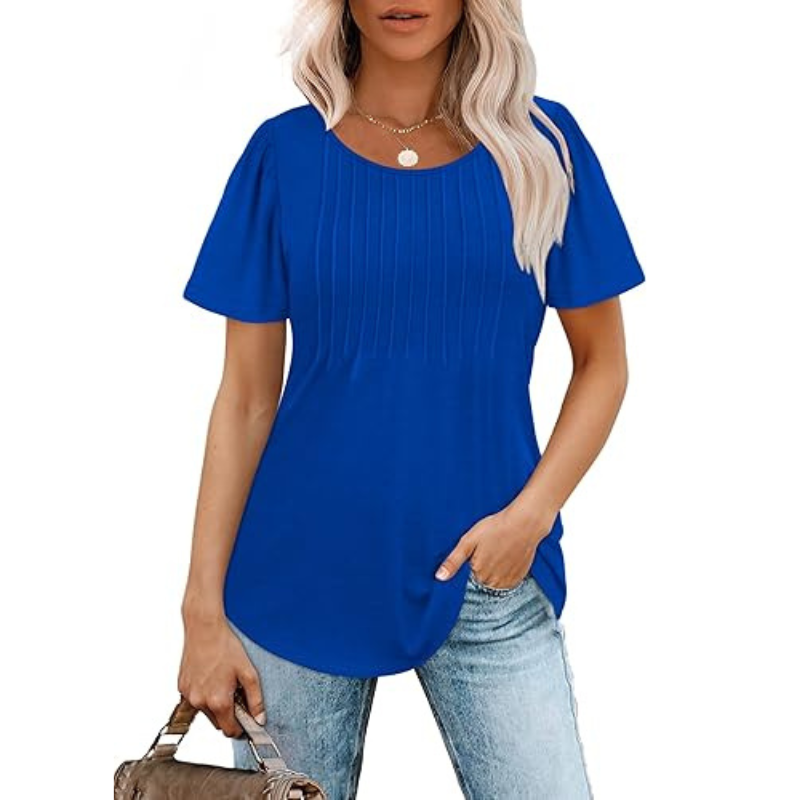 Pleated Casual Top With Scoop Short Sleeve Summer Blouse-My Comfy Blouse