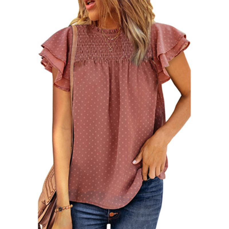 Flounce Cap Sleeves Dot Print Blouse-My Comfy Blouse