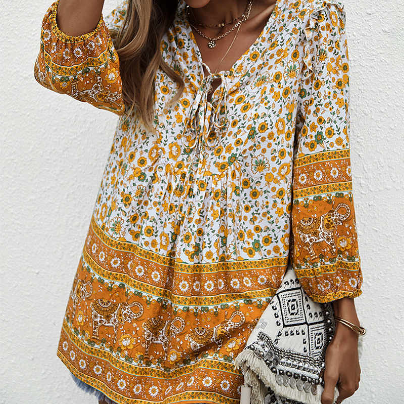 Traditional Print Front Strip Tie Blouse-My Comfy Blouse