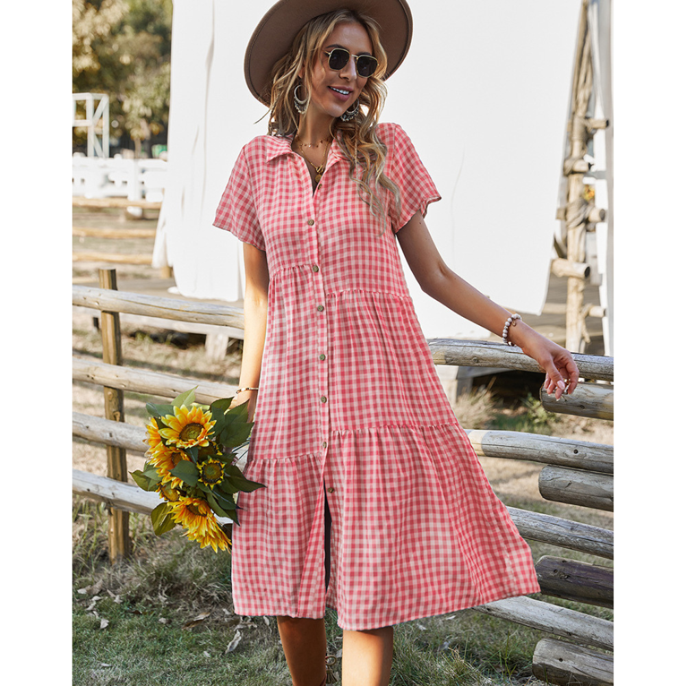 Women Buttoned Gingham Summer Dress-My Comfy Blouse