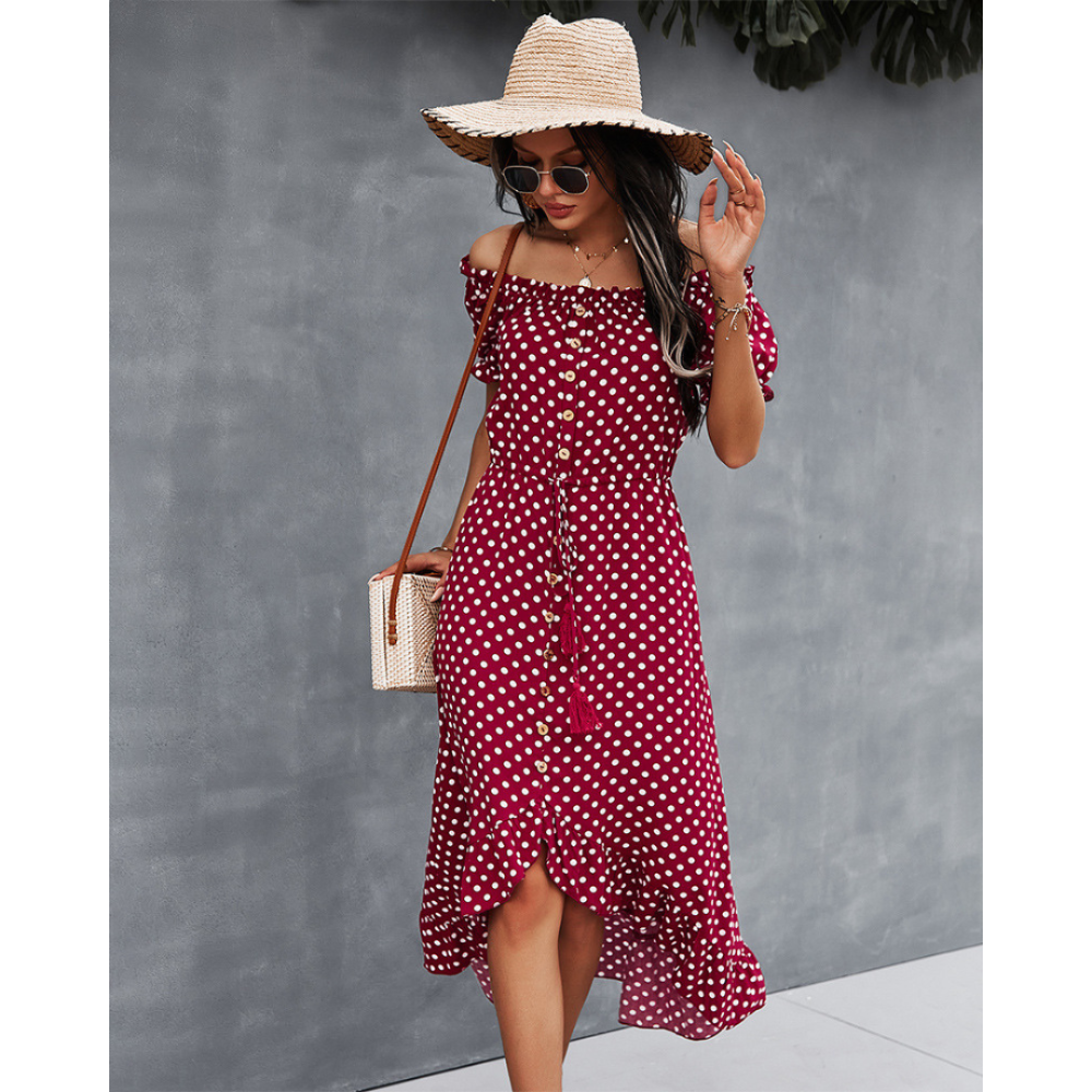 Off-Shoulder Polka Dot High Low Ruffle Hem Dress-My Comfy Blouse