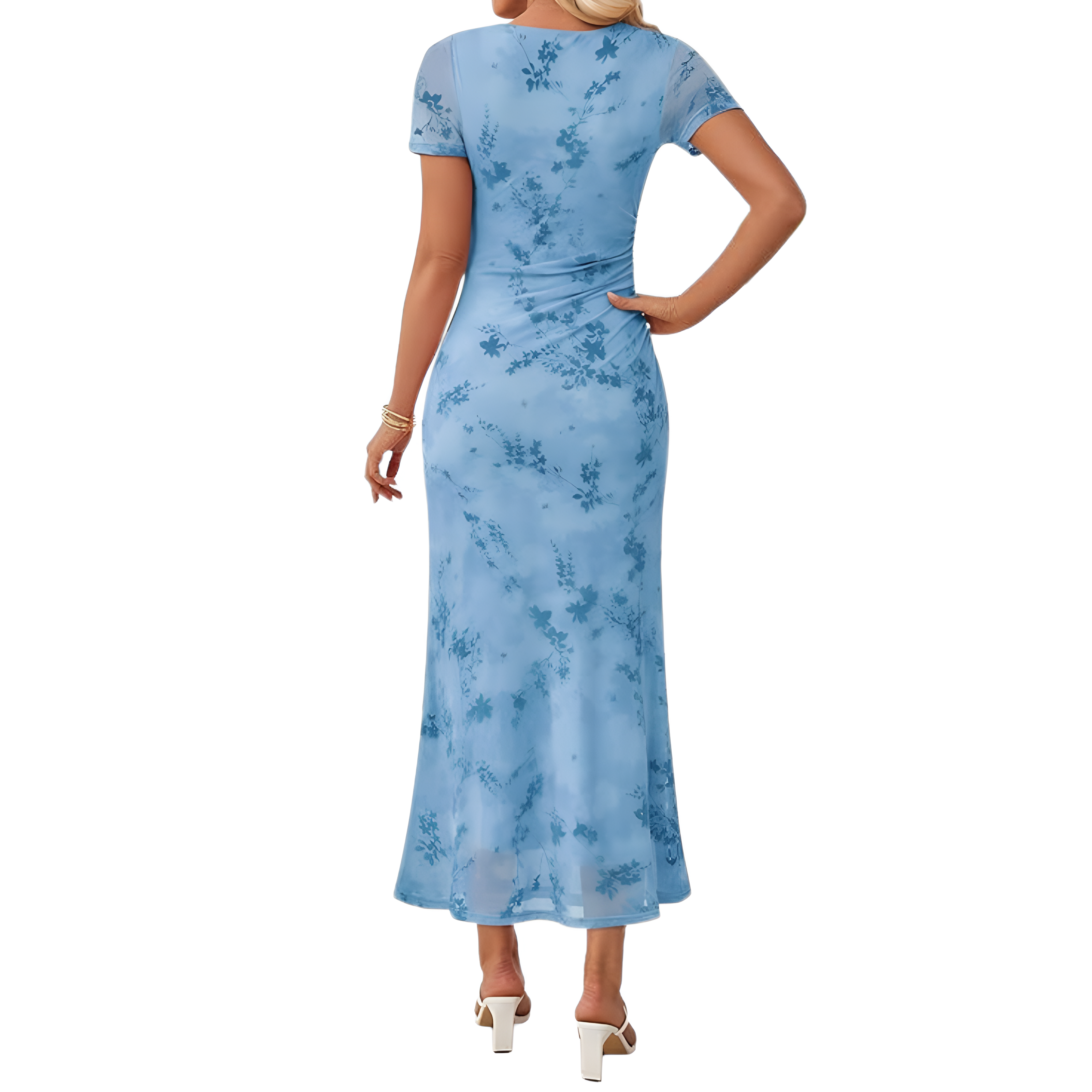 Summer And Floral Ruched Mesh Bodycon Maxi Dresses For Women
