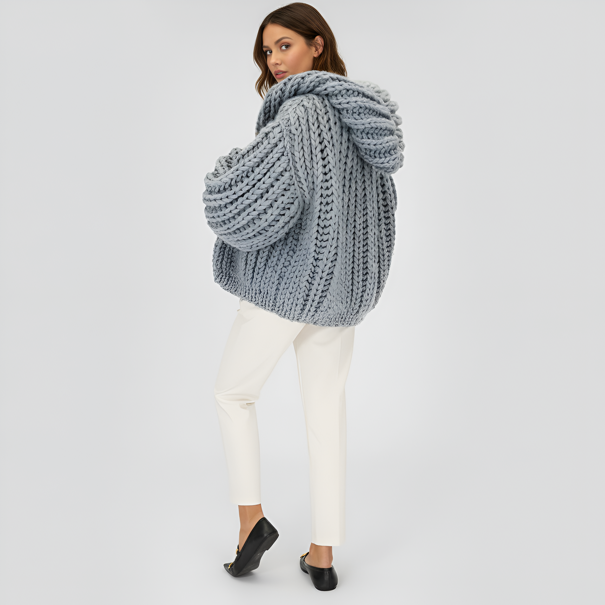 Oversized Cable Knit Hooded Open Front Cardigan For Women