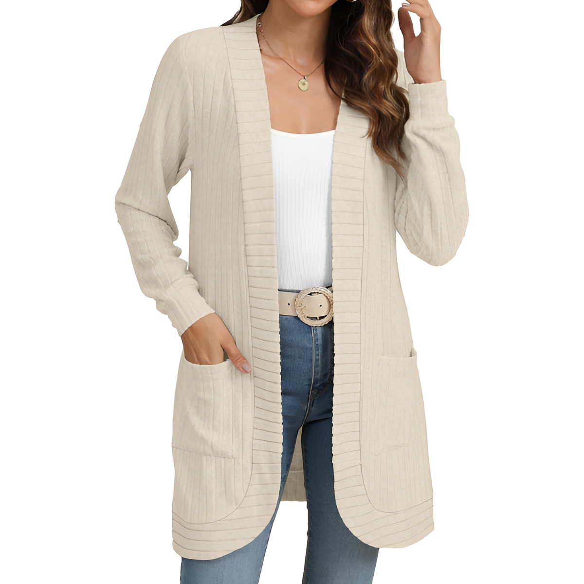 Women Long Sleeve Open Front Cardigan Casual Lightweight Long Cardigans Loose Knit Outwear with Pockets
