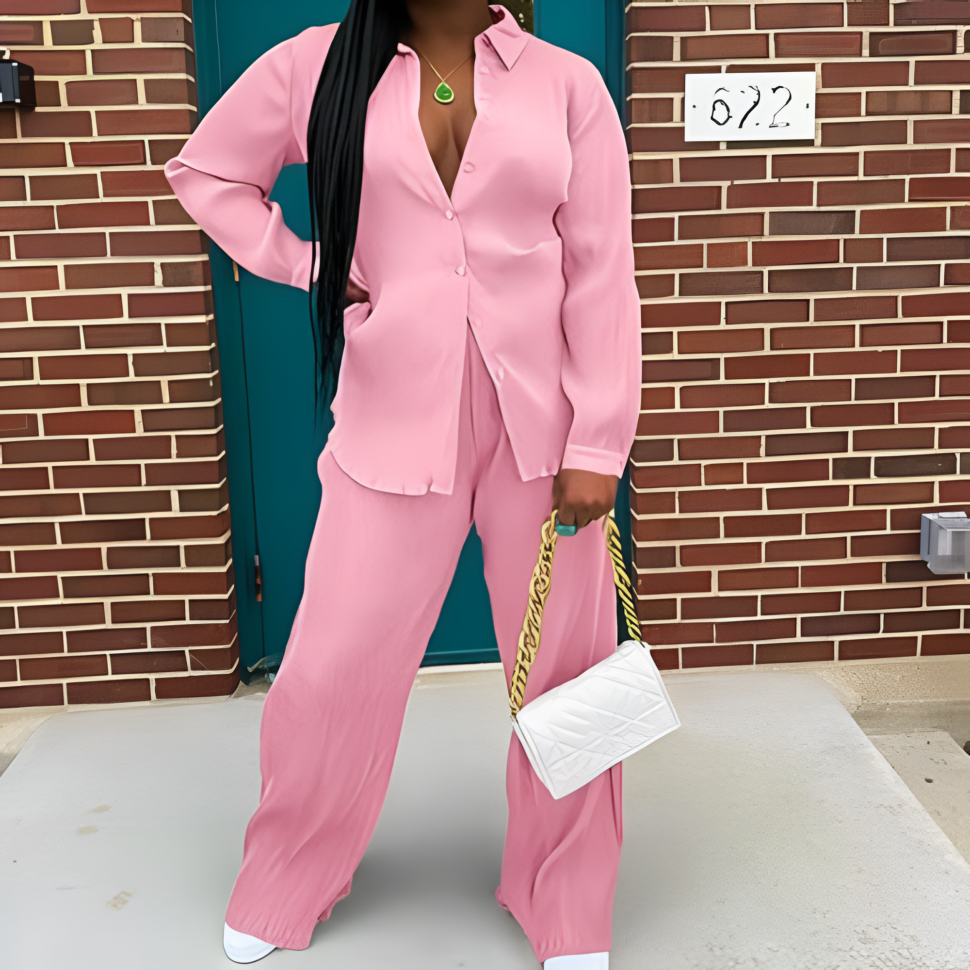 2 Piece Button Down Shirt And Pleated Pants Set For Women