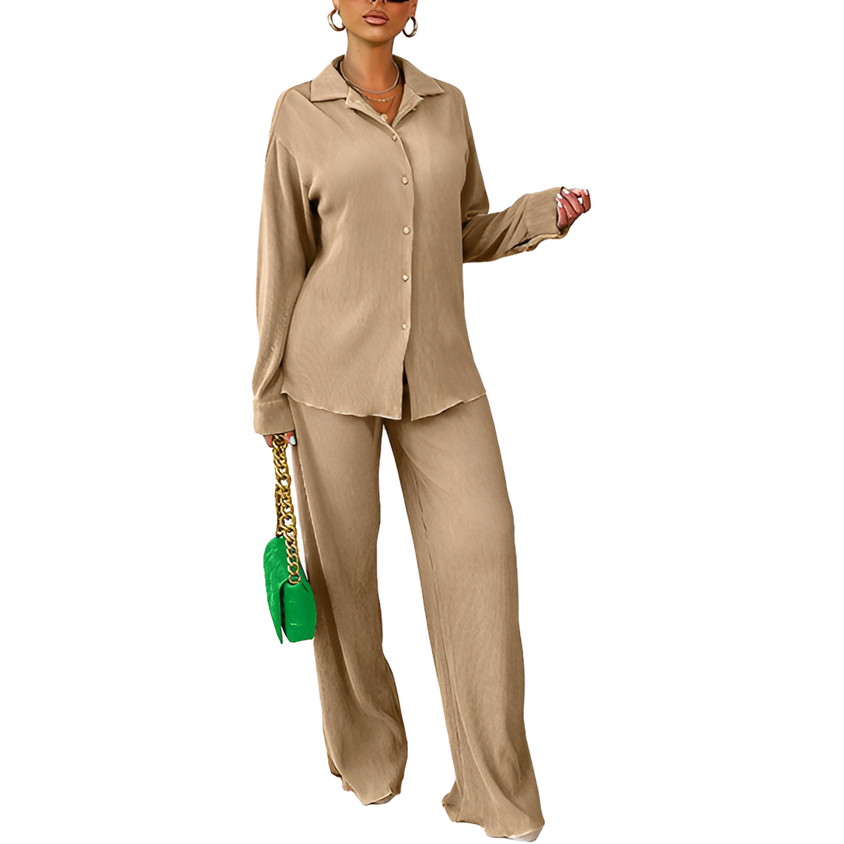 2 Piece Button Down Shirt And Pleated Pants Set For Women