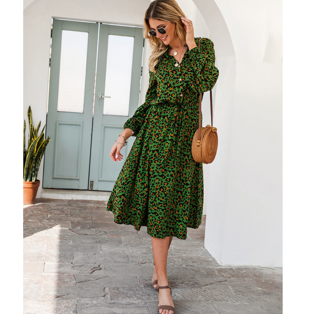 Women’s Midi Leopard Long Sleeves Dress-My Comfy Blouse