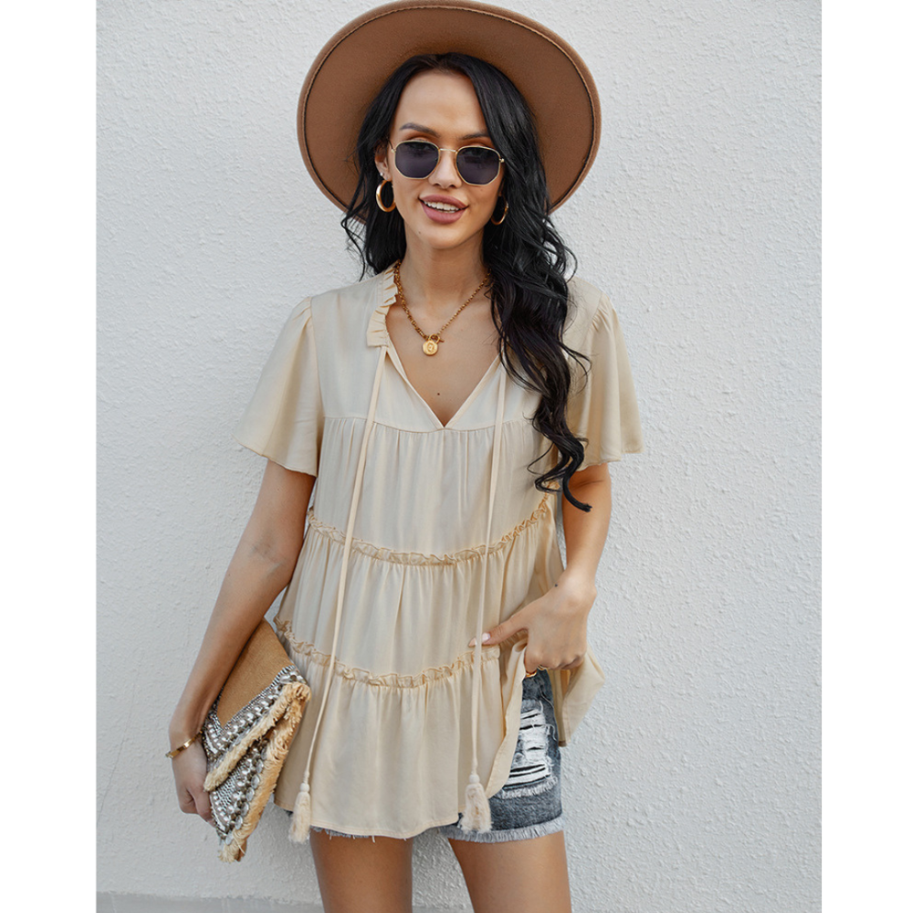 Frill Trim Tassel Tie Flutter Sleeve Top-My Comfy Blouse