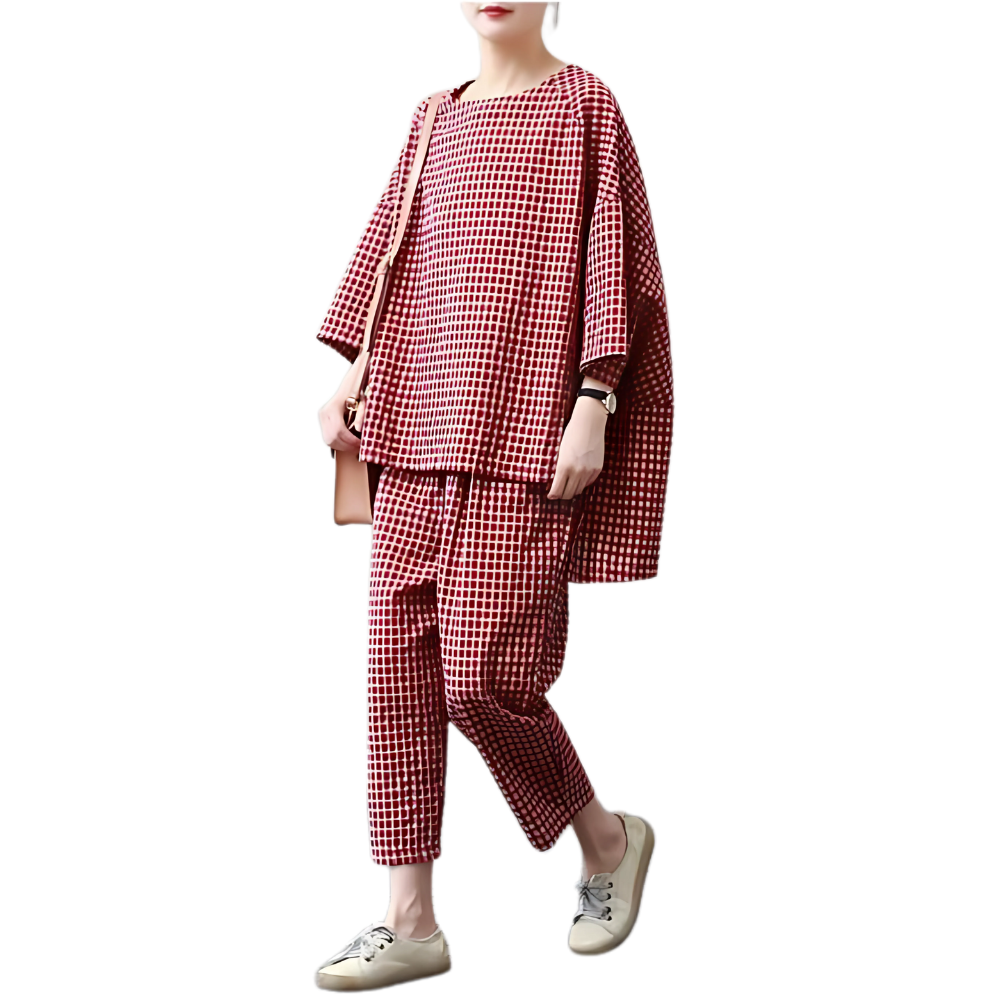 Womens Gingham Loose Fit Loungewear Set-My Comfy Blouse
