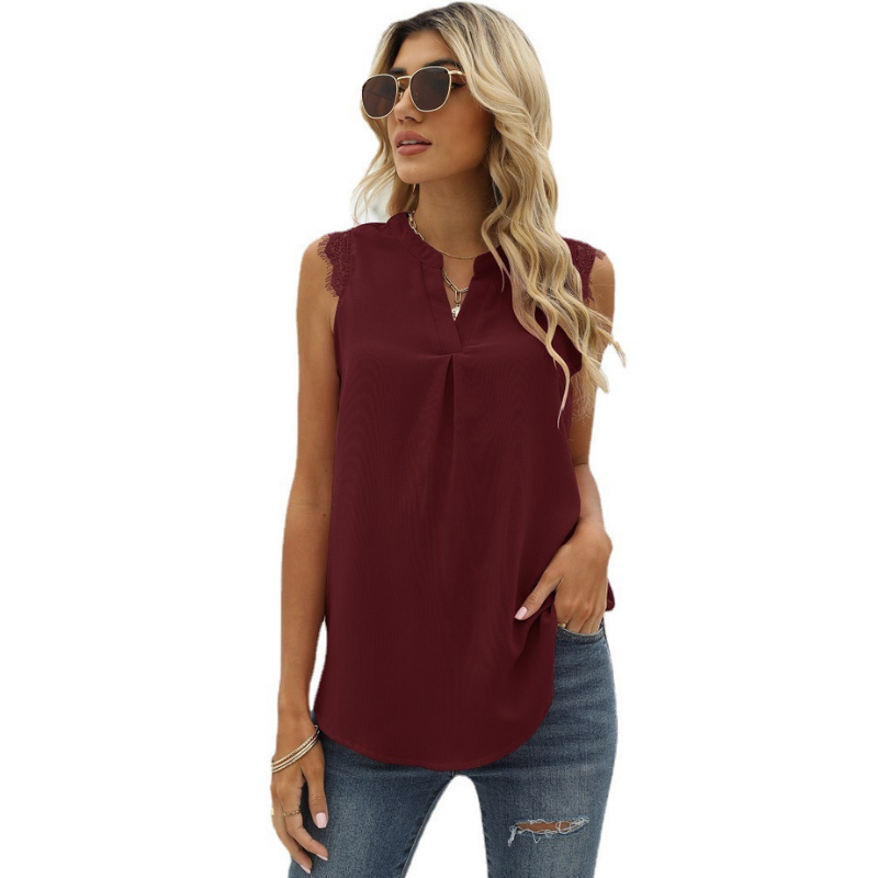 Lace Cap Sleeves V Neck Blouse-My Comfy Blouse