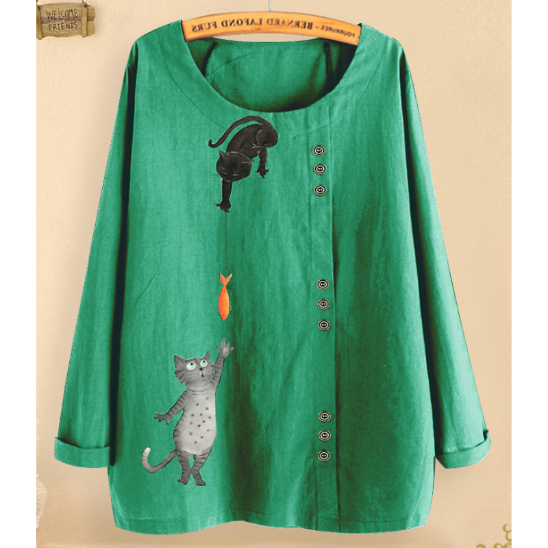 Cute Cat Print Full Sleeves Blouse-My Comfy Blouse