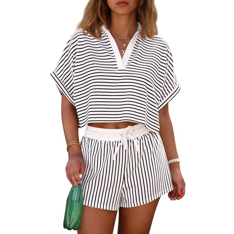 2 Pieces Short Sleeve Striped Matching Set For Women