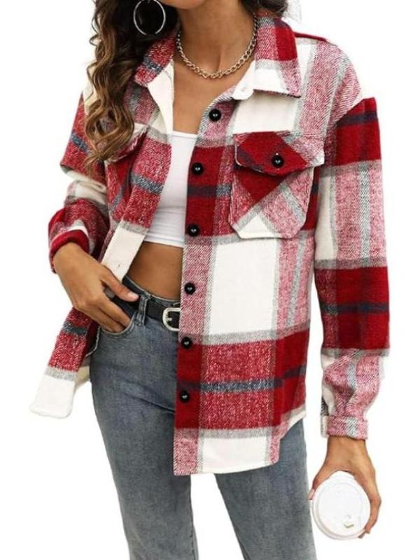 Women Plaid Pattern Jacket With Collared Design-My Comfy Blouse
